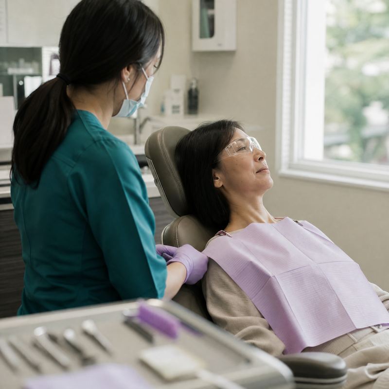 A woman in a dental chair with safety glasses before a cleaning