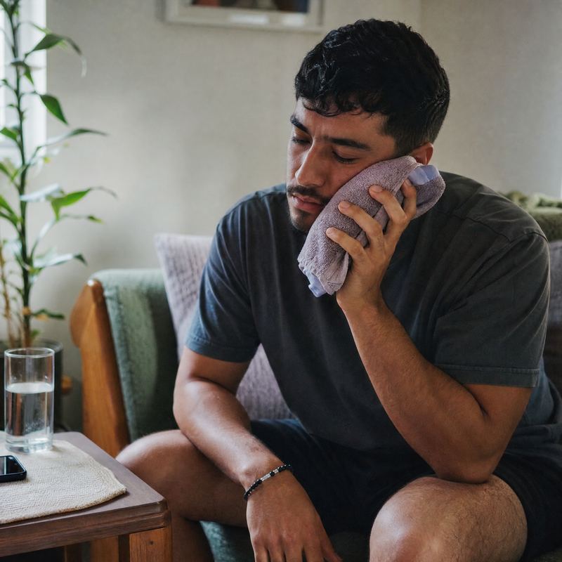 A young man resting at home with a cold pack after a tooth extraction