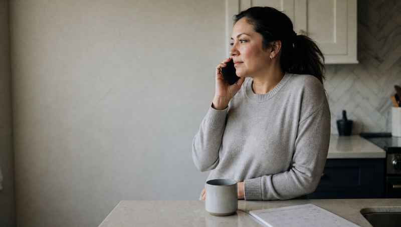 A woman on the phone in her kitchen, booking a dental appointment