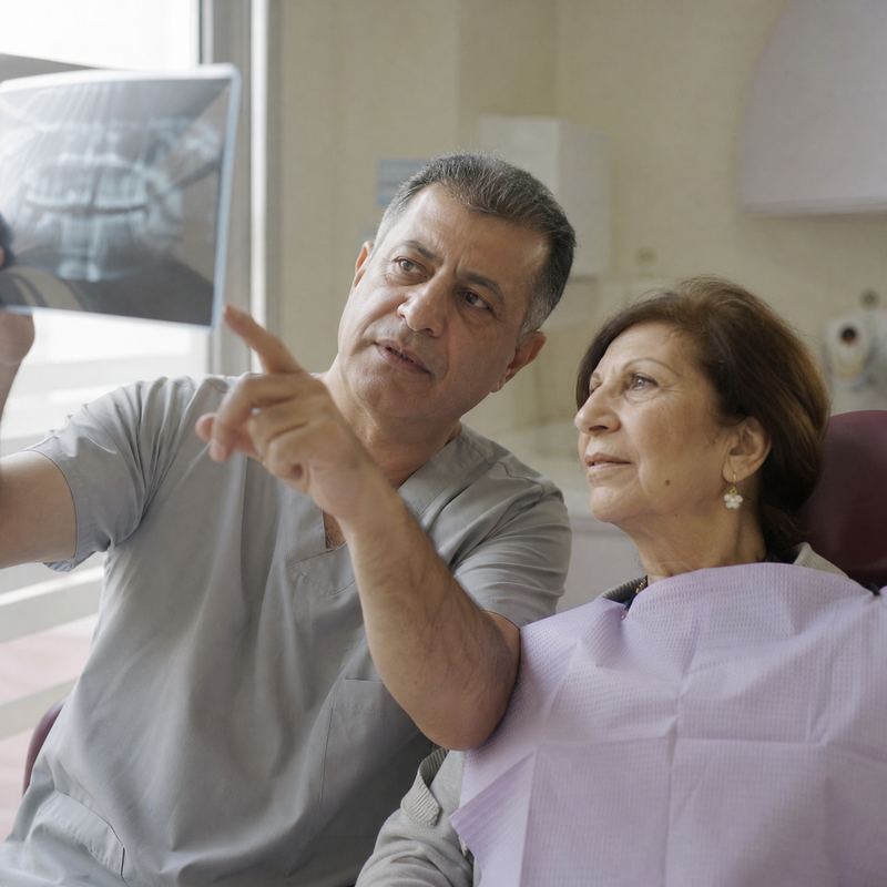 A dentist reviews an X-ray film with an older patient