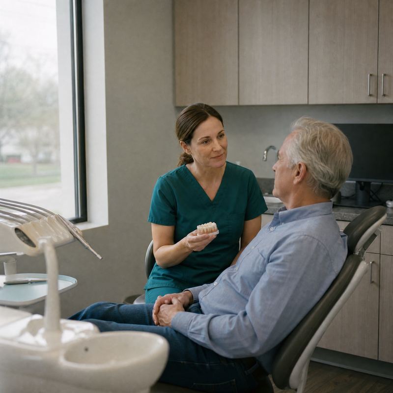 A dentist explains a tooth model to an older patient in the chair